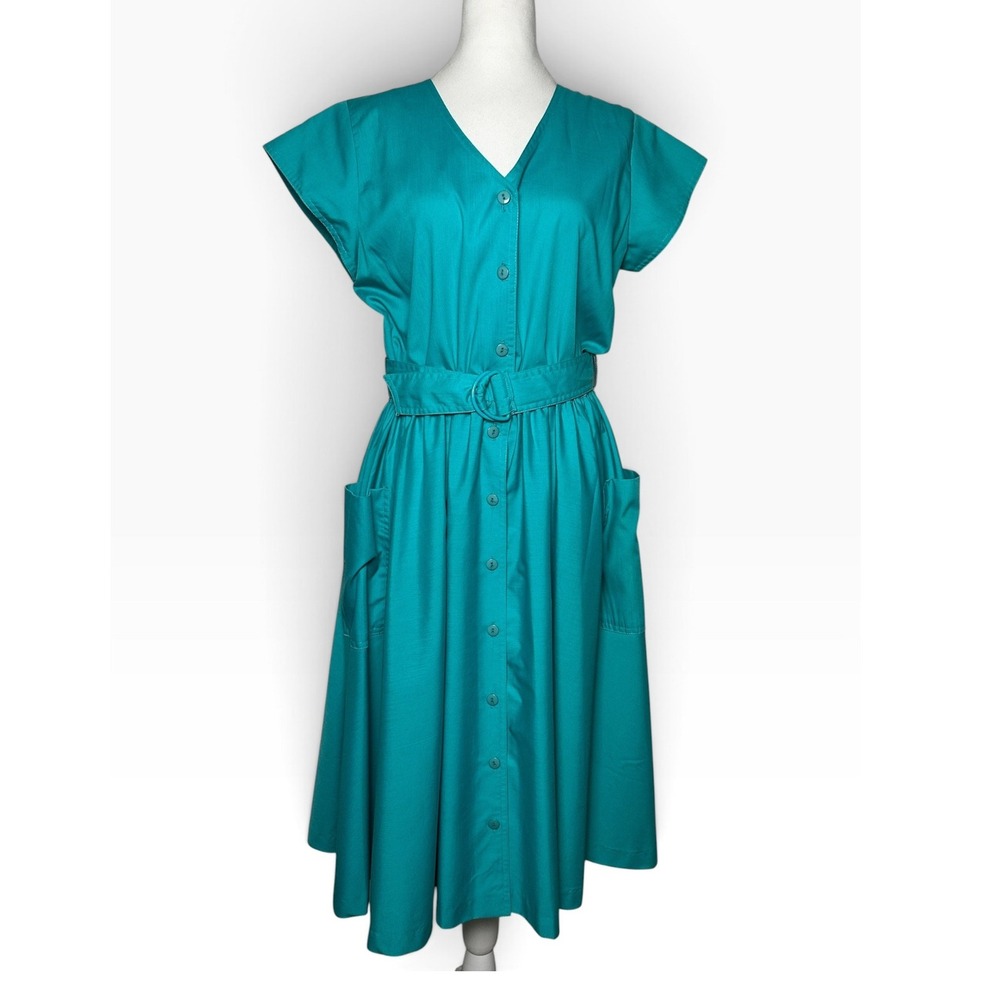 Sabino Vintage Teal Green Button Front Belted Midi Dress with Pockets Size 12